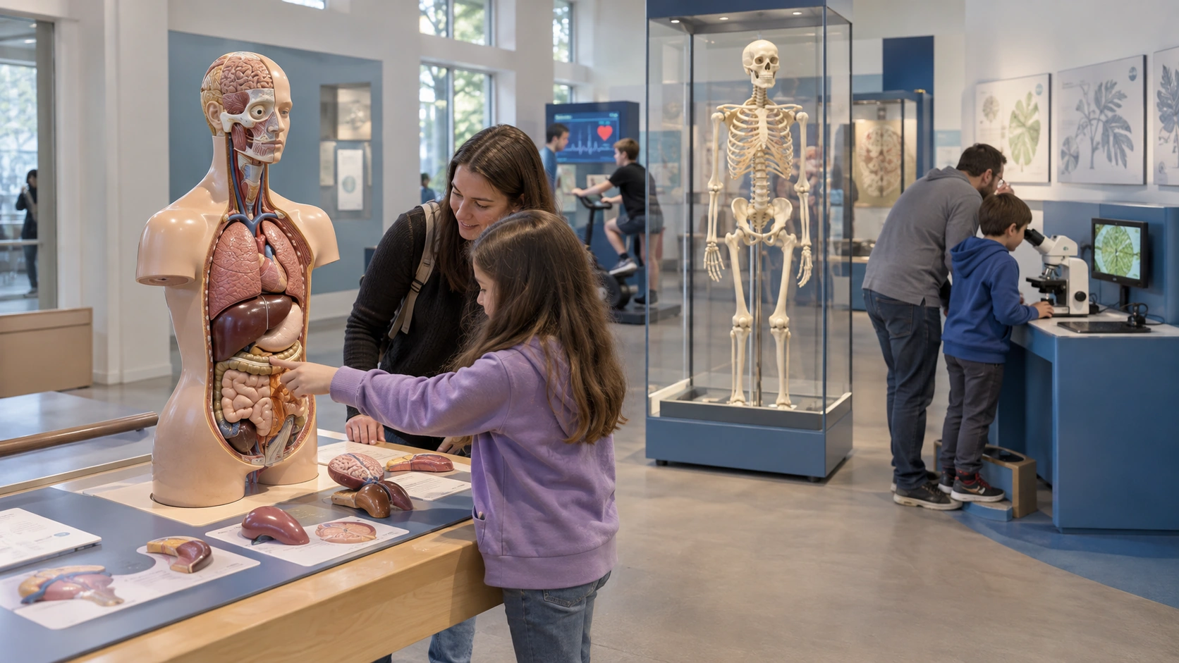 AI concept illustration — Life Science & Human Body in a modern children's museum or science center
