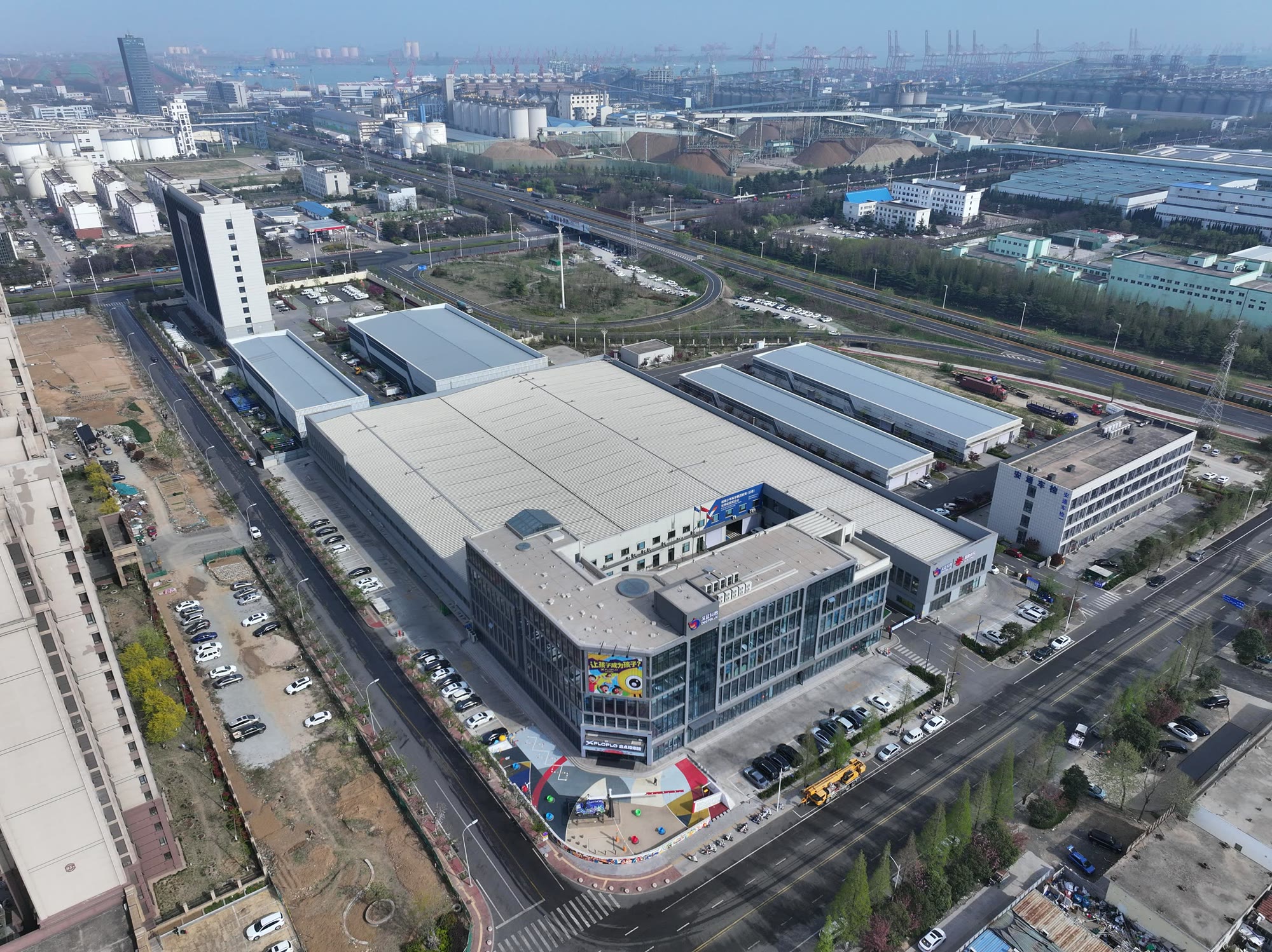 Aerial panorama of DEEPBLUE 37,000 square meter interactive exhibit manufacturing base in Shandong, China