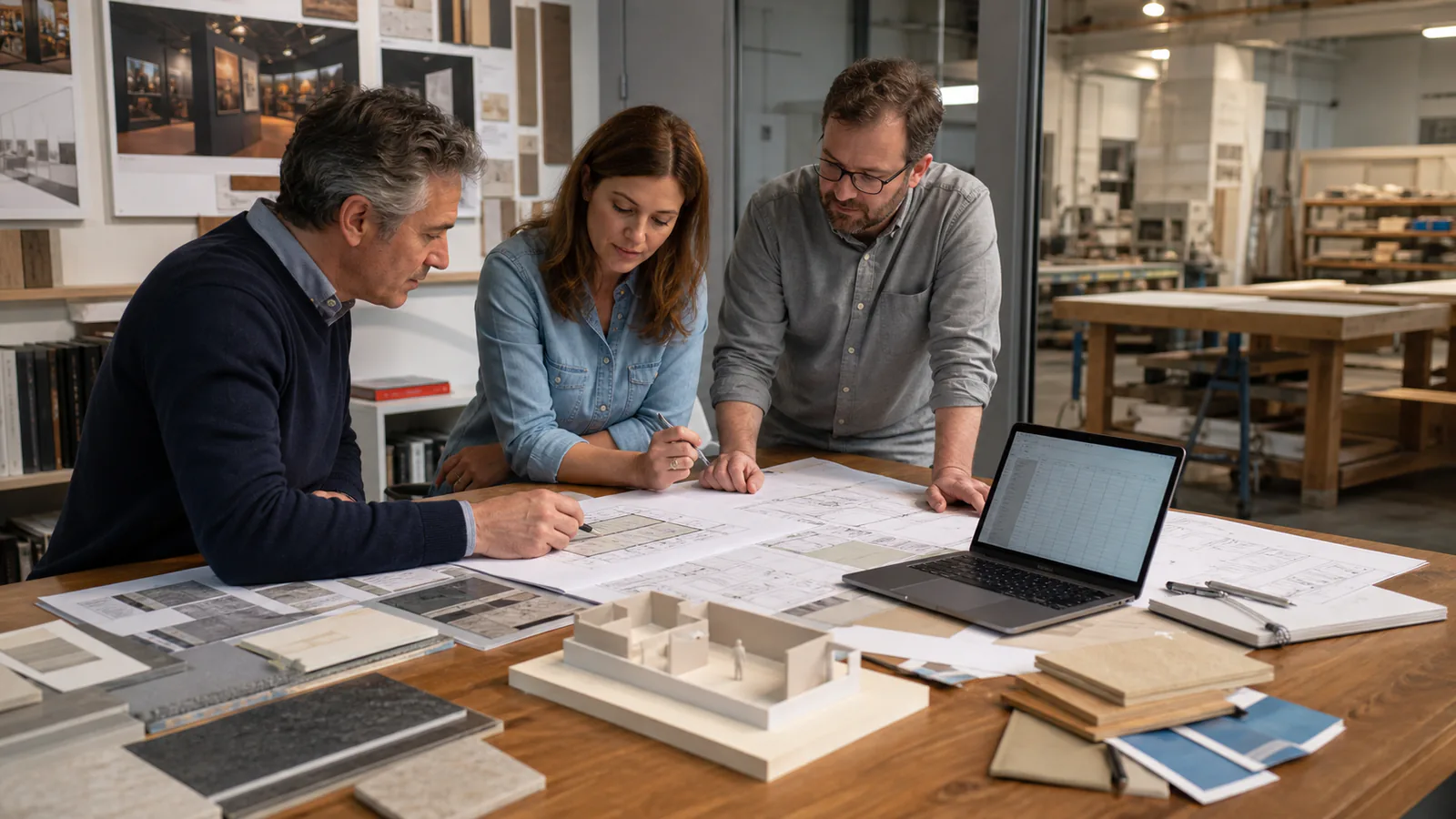 Preparación de alcance e información de costos para cotizar exhibiciones Equipo de proyecto revisando planos de museo, muestras de materiales e información de cotización