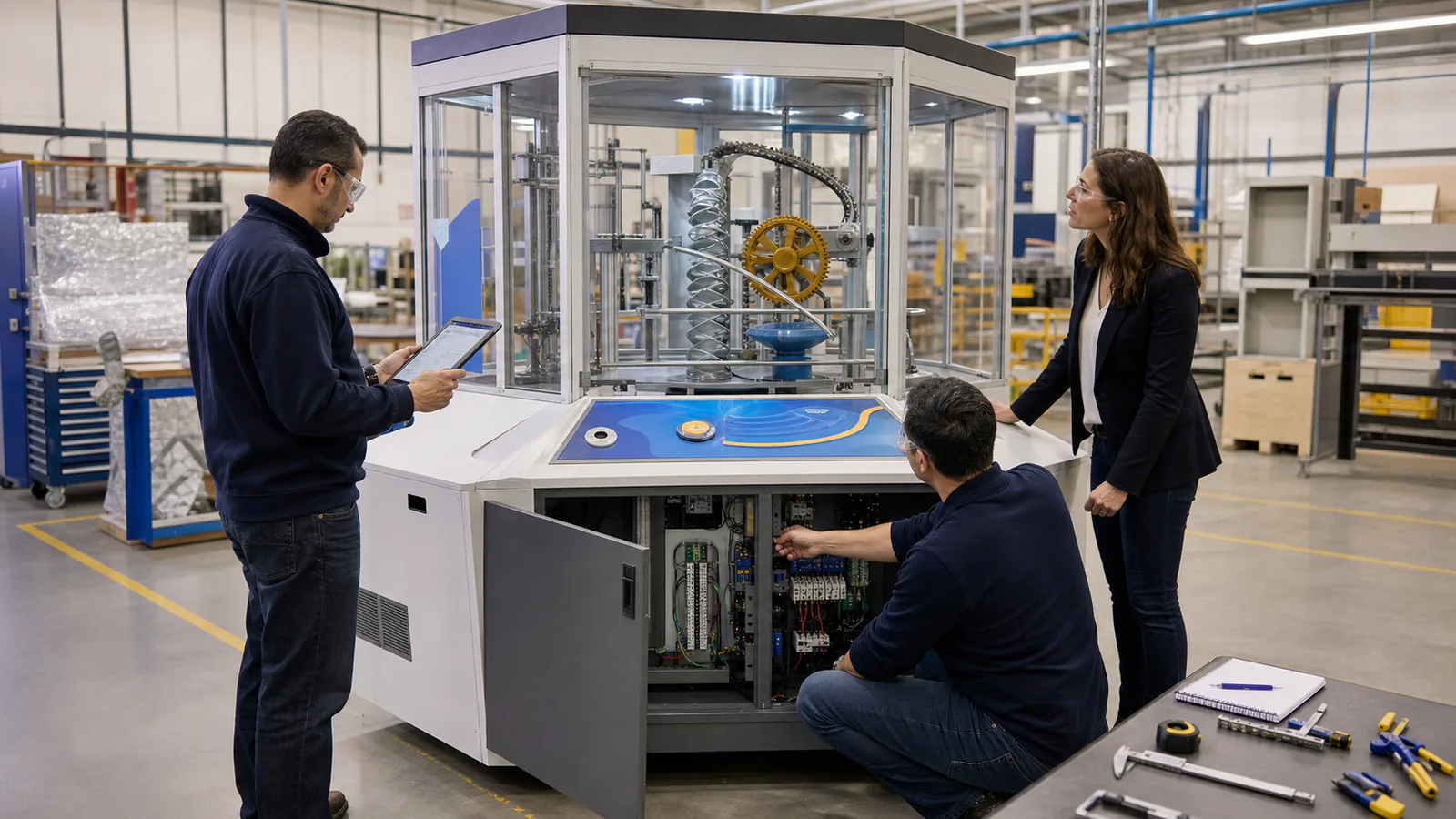 Prueba de aceptación en fábrica antes del embalaje y envío de exhibiciones Ingenieros inspeccionando el mecanismo y el gabinete eléctrico de una exhibición museística interactiva
