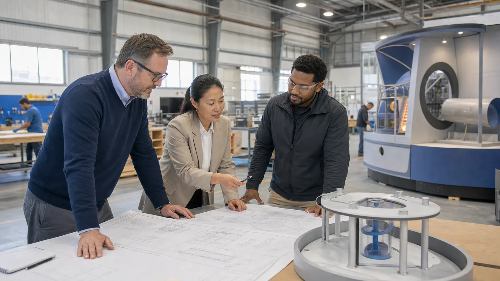 Evaluación de un fabricante de exhibiciones museísticas y socio de producción Equipo de proyecto revisando planos de ingeniería de exhibiciones interactivas junto a un taller de fabricación