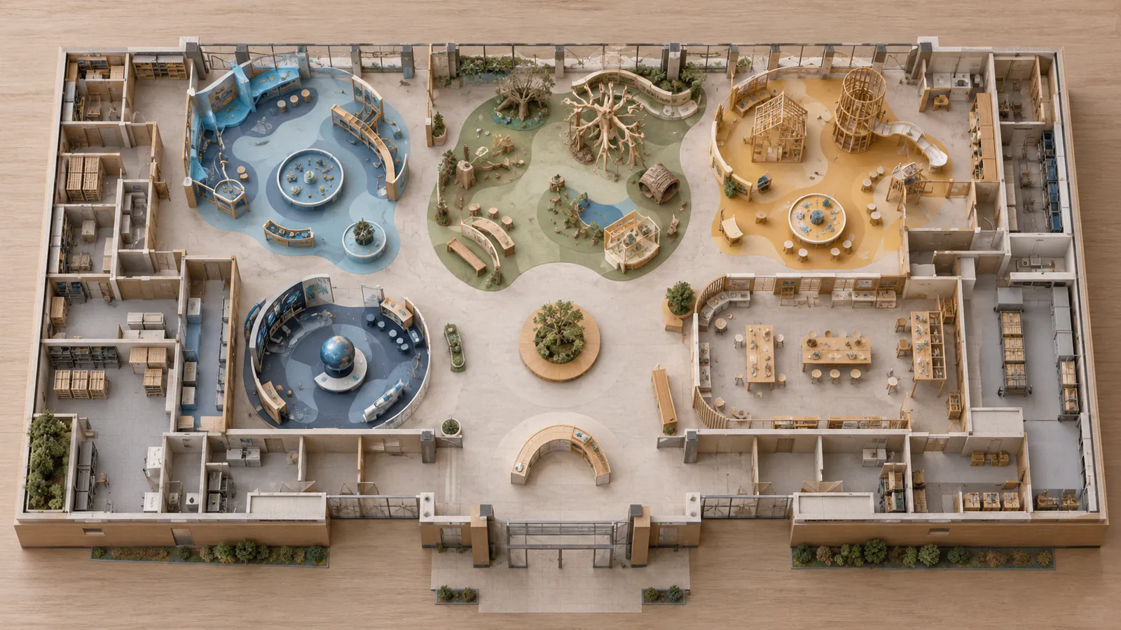 Distribución de superficies y proximidades en el programa de un museo infantil Maqueta conceptual vista desde arriba con salas, taller, entrada y espacios de apoyo perimetrales