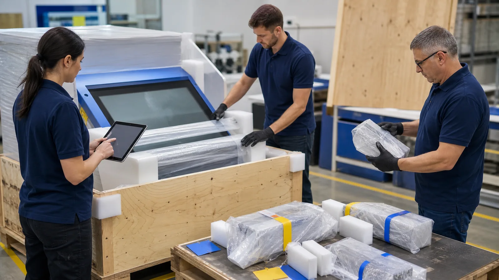 Equipo de calidad revisa módulos protegidos y cajas de exportación de exhibiciones de museo