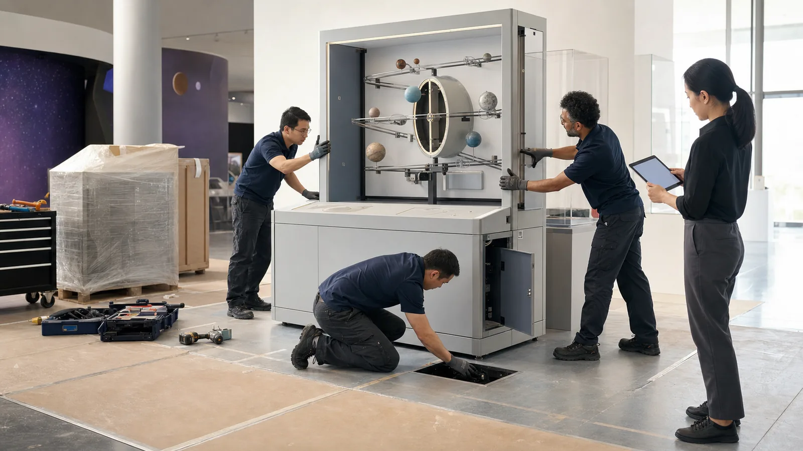 Equipo de instalación alinea una exhibición interactiva y comprueba interfaces de la galería