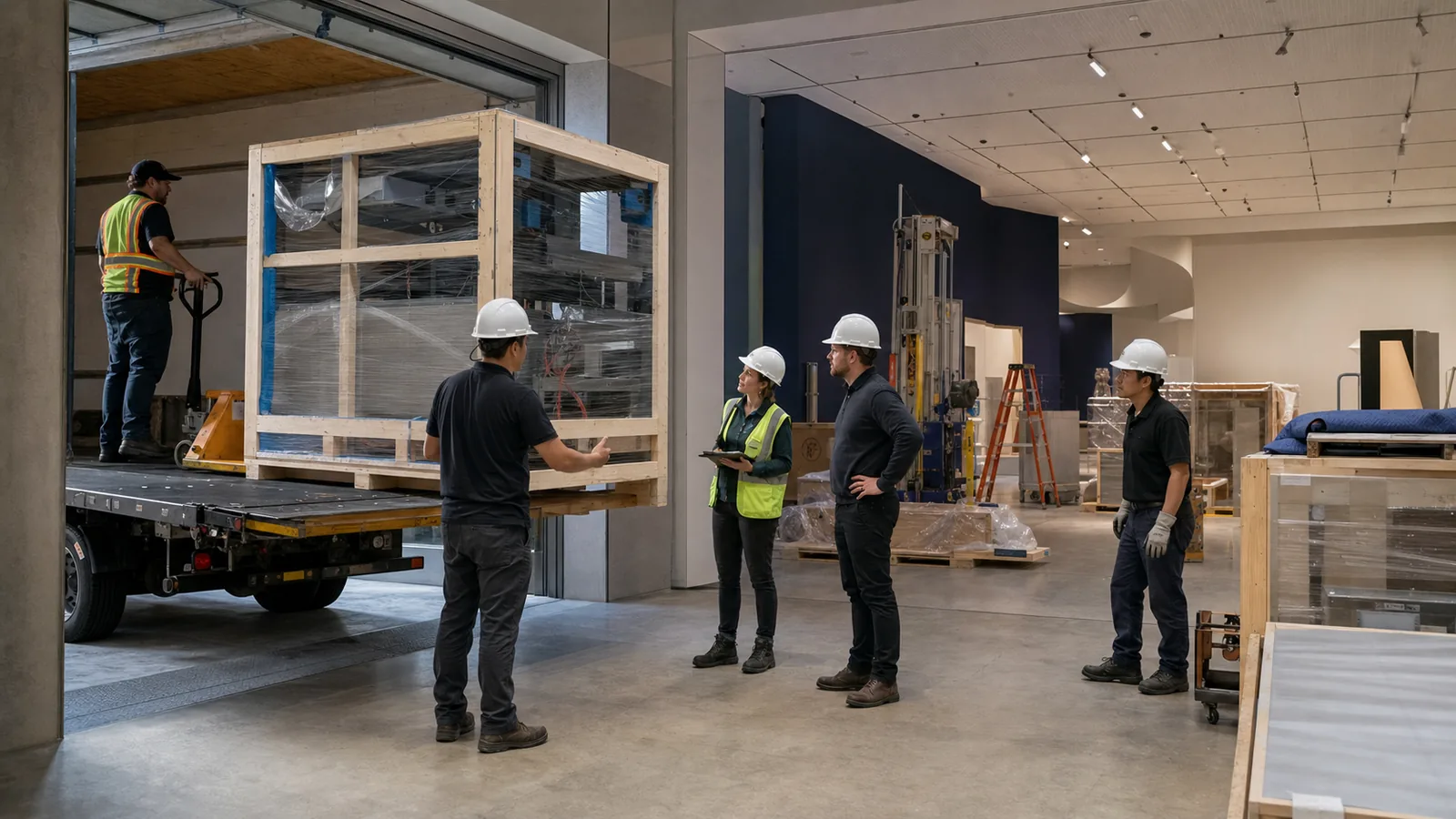 Cajas de exhibiciones de museo llegan al recinto mientras el equipo coordina la entrega para instalación