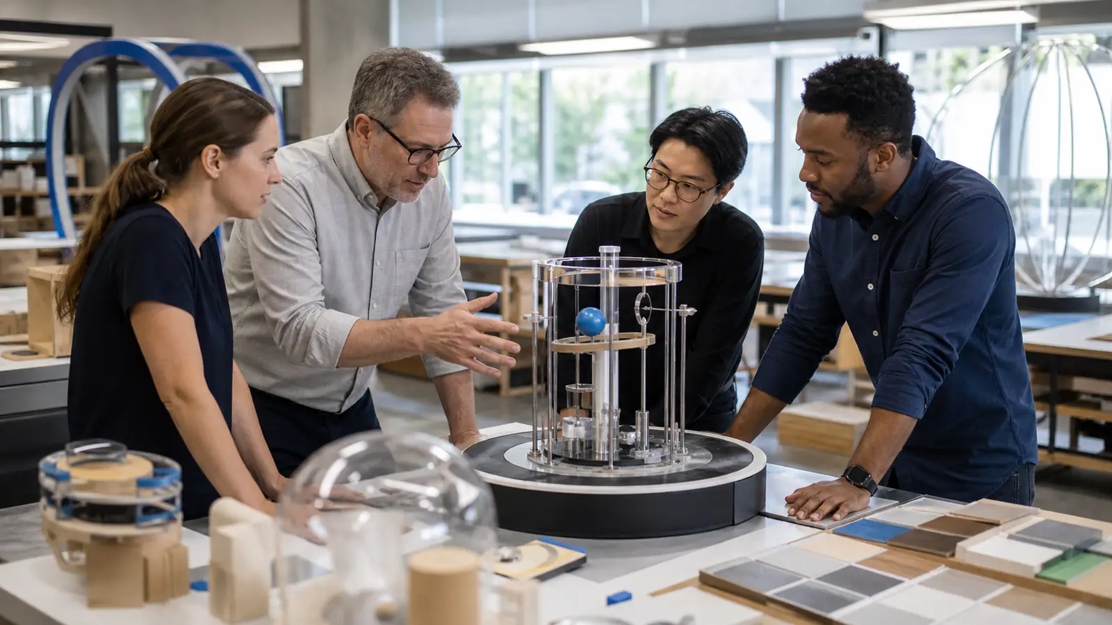 科学中心展项设计流程业主评审会议 科学中心业主、展项设计师与工程师在设计工作室评审互动展项原型
