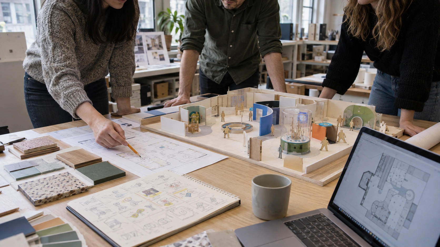 AI concept illustration — Designers reviewing an exhibition model, floor plans and material samples