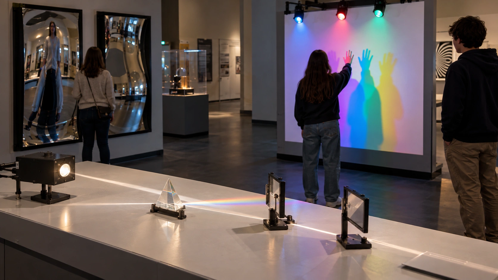 AI concept illustration — Optics exhibits with a prism, mirrors and overlapping colored shadows